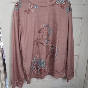 Charming Floral Horse Graphic Tee - Pink